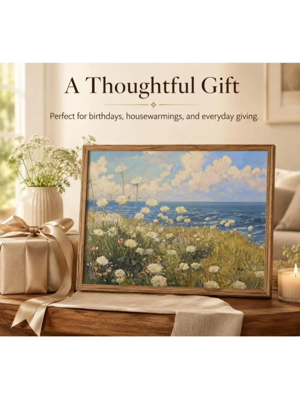 Vintage Coastal Wildflower Canvas Wall Art 12x16 | Seaside Floral Decor for Home